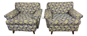 Mid 20th Century Blue Shiny & Matt Lime Green Floral Upholstery Club Lounge Chair