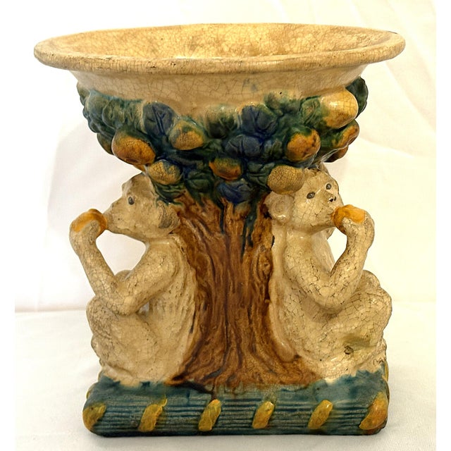 Boho Chic Vintage Majolica Monkeys Under a Fruit Tree Ceramic Cachepot/ Planter For Sale - Image 3 of 12