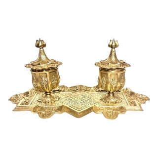 Victorian Era Aesthetic Movement French Solid Brass Antique Double Inkwell With Porcelain Inserts, ca.1880 For Sale