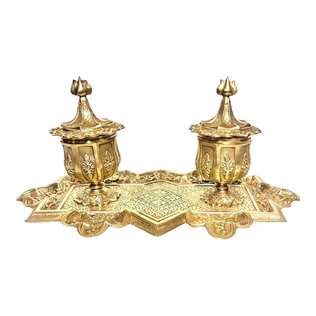 Victorian Era Aesthetic Movement French Solid Brass Antique Double Inkwell With Porcelain Inserts, ca.1880 For Sale
