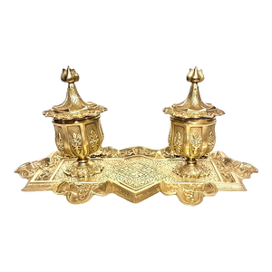 Victorian Era Aesthetic Movement French Solid Brass Antique Double Inkwell With Porcelain Inserts, ca.1880