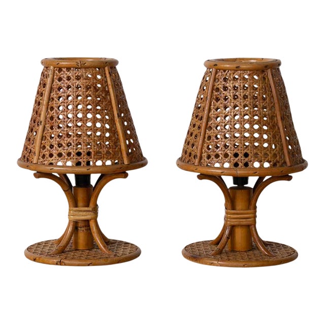 1960s Pair of Italian Cane and Bamboo Table Lamps For Sale