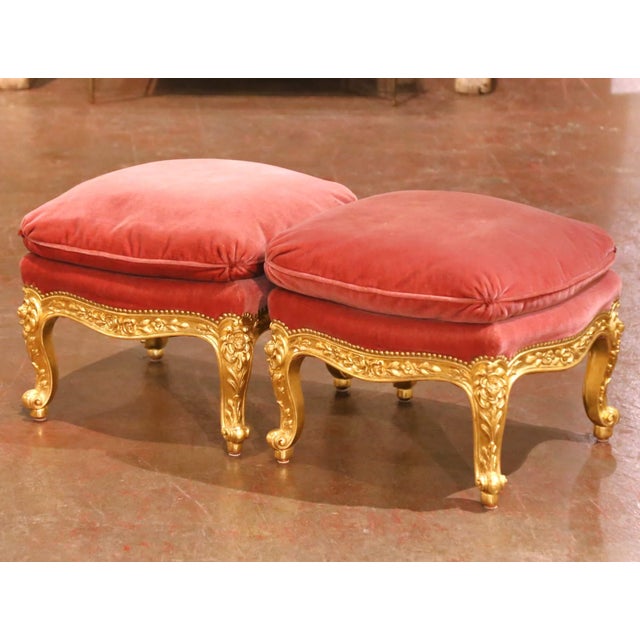 This elegant pair of antique French stools, crafted circa 1880, embodies the graceful curves and refined ornamentation of...