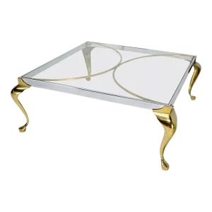Mid-Century Modern Chrome Solid Cast Brass Glass Top Square Coffee Table