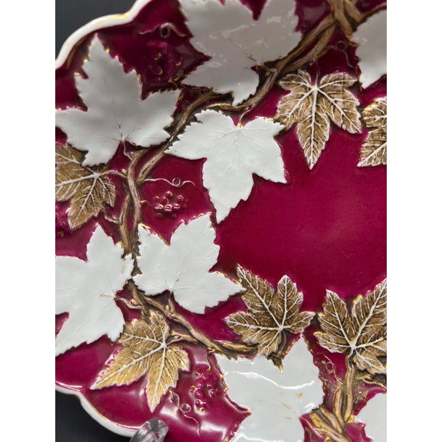 Victorian Antique Hand-Painted Bavarian Porcelain Cranberry & Gilt Botanical Serving Dish c.1900 For Sale - Image 3 of 8