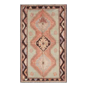Mid 20th Century Vintage Turkish Oushak Rug With Geometric in Tangerine, Green and Brown