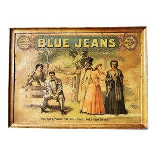 Antique Blue Jeans Poster Great Patina Denim Old New York Play Advertisement For Sale