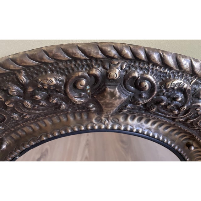 Brown French-Style Round Mirror with Brass Frame, 1970s For Sale - Image 8 of 18