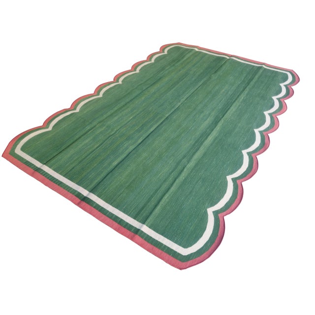 Contemporary Handmade Cotton Scalloped Rug, Green with Cream and Raspberry Border 8'x10' For Sale - Image 3 of 9