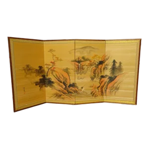 Vintage Japanese Gold Four Panel Screen Picture River Landscape Made in Japan