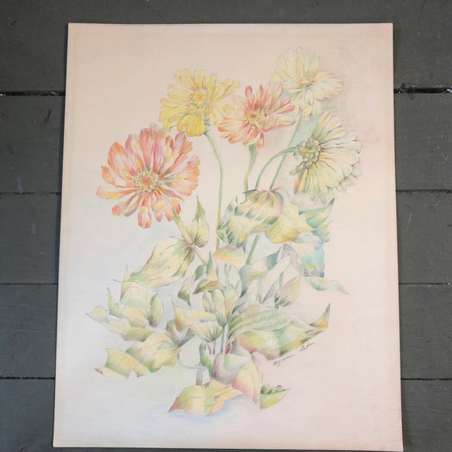 Original Vintage Floral Still Life Colored Pencil Drawing 1970’s For Sale In Philadelphia - Image 6 of 6