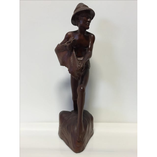 Rosewood Hand Carved 22" Asian Fisherman Statue For Sale In Charlotte - Image 6 of 7
