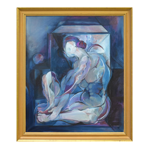 Large Vintage Cubist Portrait Painting of a Female Nude