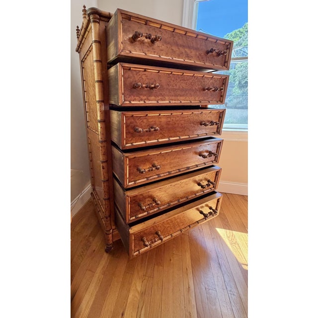 Traditional Antique Bird’s-Eye Maple Faux Bamboo Six Drawer Chest of Drawers For Sale - Image 3 of 18