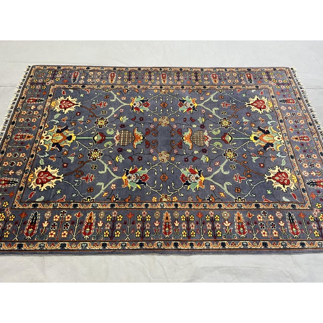 Blue Floral Sultani Wool Area Rug With Natural Dyes, 4'9" X 6'10" For Sale - Image 4 of 13