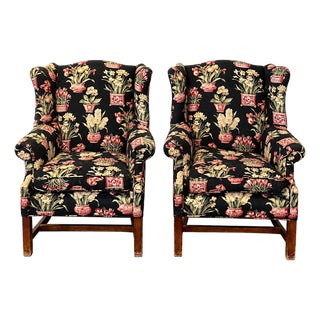Late 20th Century Black Floral Chinoiserie Wingback Armchairs — A Pair For Sale