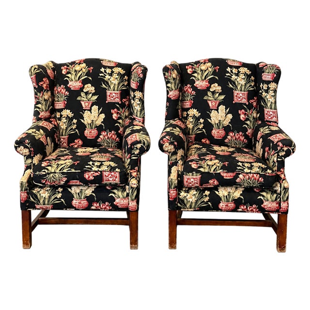 Late 20th Century Black Floral Chinoiserie Wingback Armchairs — A Pair For Sale