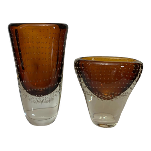 Murano Art Glass Sommerso Bullicante Amber Vases - a Pair