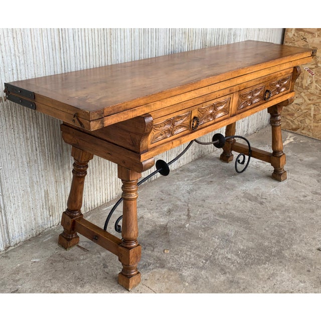 1900 - 1909 Early 20th Spanish Console Fold Out Table With Iron Stretcher and Two Drawers For Sale - Image 5 of 13