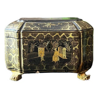 Antique chinoiserie-painted wood tea caddy with tins inside // chippy finish // lacquer // gold and black // scenic box with paw feet For Sale