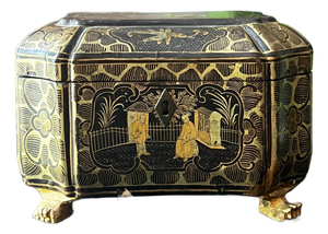 Antique chinoiserie-painted wood tea caddy with tins inside // chippy finish // lacquer // gold and black // scenic box with paw feet