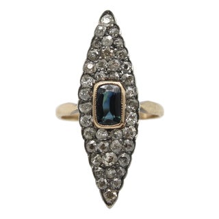 19th Century 14k Gold Early Victorian Navette Ring With Pave Diamonds and Central Sapphire, Size 8.25 For Sale