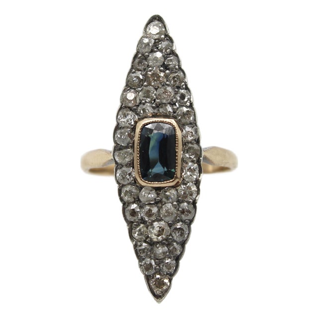 19th Century 14k Gold Early Victorian Navette Ring With Pave Diamonds and Central Sapphire, Size 8.25 For Sale