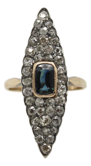 19th Century 14k Gold Early Victorian Navette Ring With Pave Diamonds and Central Sapphire, Size 8.25