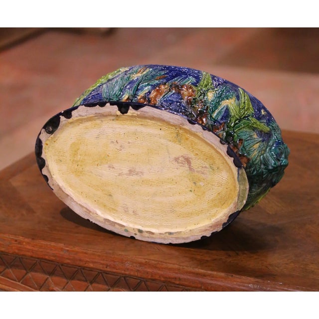 19th Century French Majolica Barbotine Cache Pot With Maskaron Handles For Sale - Image 11 of 11