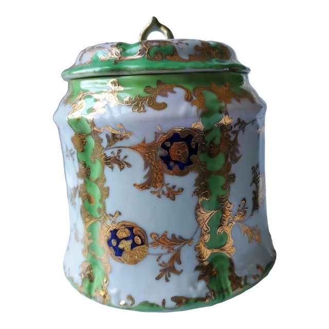 Late 19th Century Nippon Jade and Gold Porcelain Biscuit Jar For Sale
