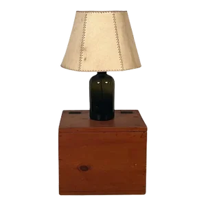 1980s Glass Bottle & Parchment Shade Lamp With Pine Box in the Style of Luis Barragán