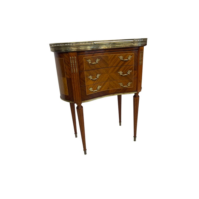 1930s Pair of Louis XVI Style End or Bedroom Side Tables With Marble and Brass Gallery Tops For Sale - Image 4 of 12