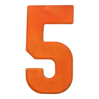 1960s Rustic Neon Orange “5” Sign Beveled Number For Sale