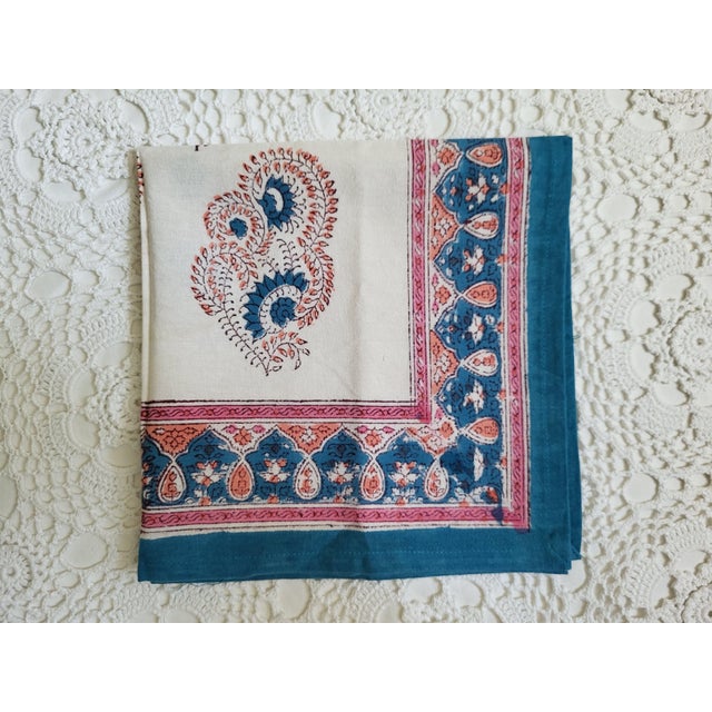 Pink & Turquoise Paisley Indian Block Print Cloth Napkins - Set of 4 For Sale - Image 4 of 8