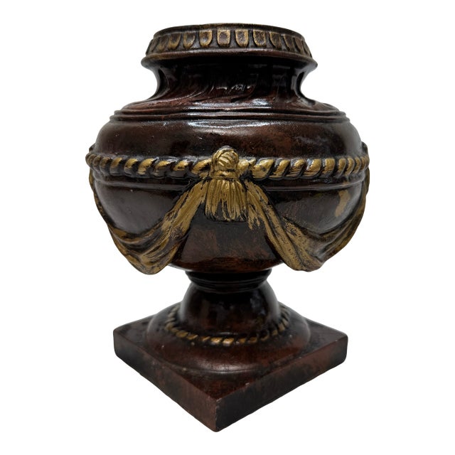 Vintage Italian Renaissance Style Glazed Ceramic Embossed Urn, Gold & Brown For Sale