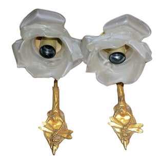 1910 French Art Nouveau Gilt Bronze Dragonfly Wall Sconces Satin Glass Rose Shades a - Pair For Sale