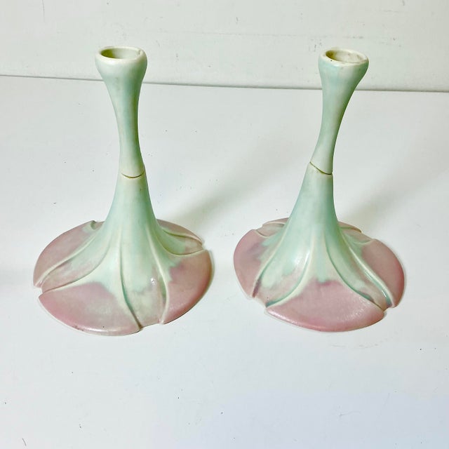 Ceramic 1980s Vintage Art Nouveau Botanical Coastal Porcelain Candle Holders - A Pair, Artist Signed For Sale - Image 7 of 15