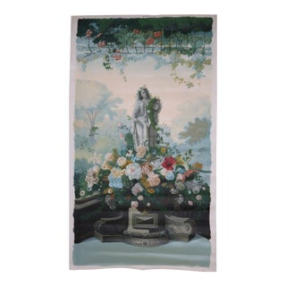 Vintage "Statue and Floral Trellis" Oil on Canvas Painting For Sale