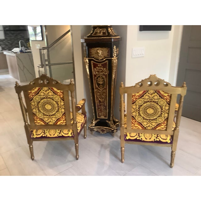 Gold Louis XVI Style Vintage Gold Hand Carved Chairs With Atelier Versace Style Fabric For Sale - Image 8 of 13