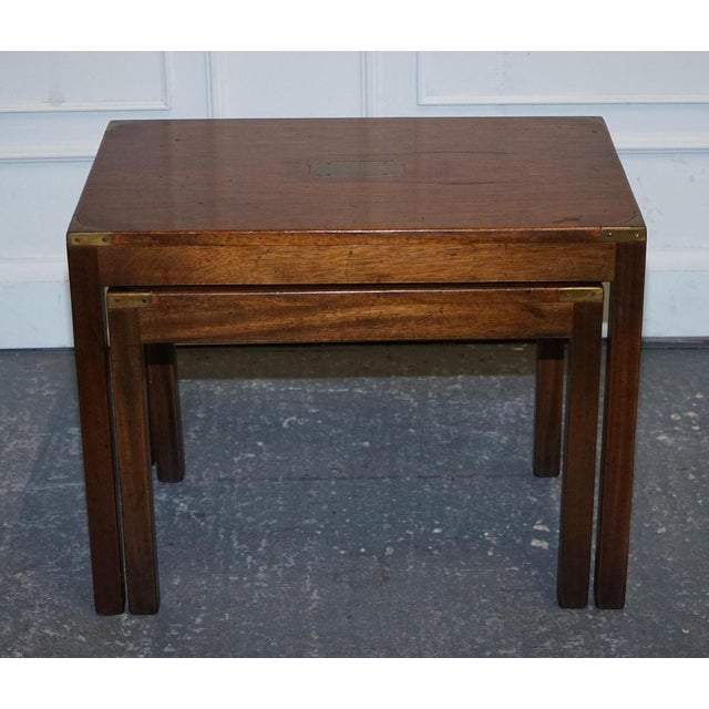 Vintage Kennedy Military Campaign Nest of Two Tables Brass Detail from London Harrods, Set of 2 For Sale - Image 11 of 12