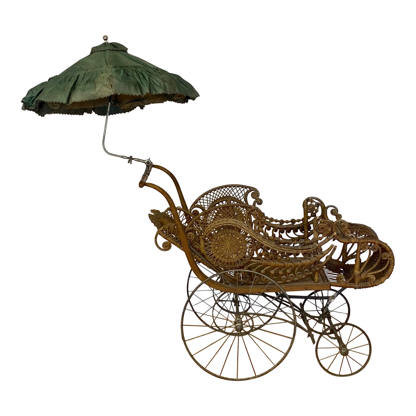 Victorian Period Gendron Wicker Baby Carriage With Umbrella 1800s