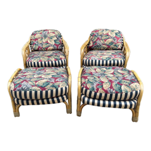 Coastal Style Rattan Lounge Chair and Ottoman Set by Whitecraft Rattan Inc. Circa 1970s - 4 Pieces