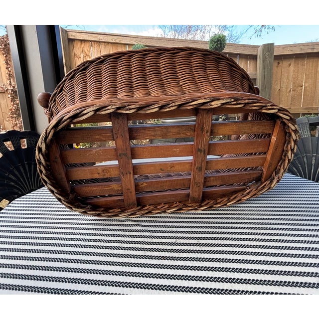 Vintage French Wicker Basket With Turned Wood Handles & Wood Slatted Base For Sale - Image 9 of 16