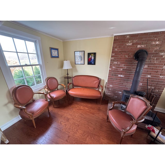 Early 20th Century French Louis XVI-Style Walnut and Chestnut-Brown Leather Settee With Three Matching Armchairs For Sale - Image 17 of 17