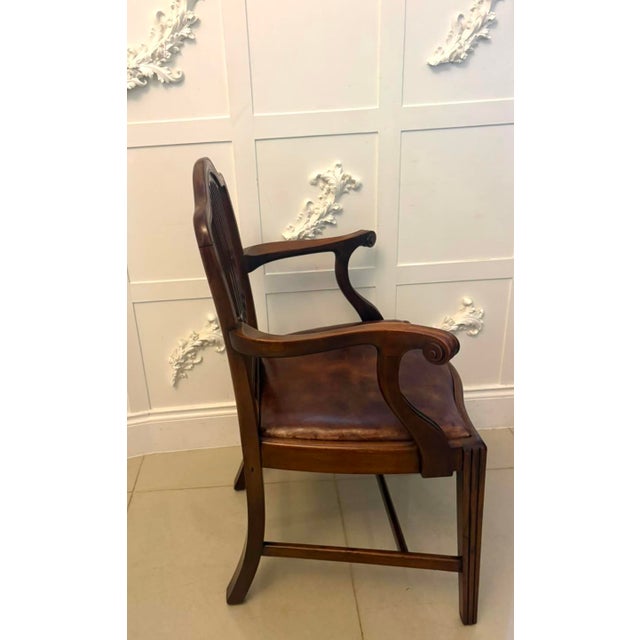 Wood Antique Victorian Hepplewhite Mahogany Shield Back Dining Chairs with Carvers in Tan Leather, 1890, Set of 8 For Sale - Image 7 of 18