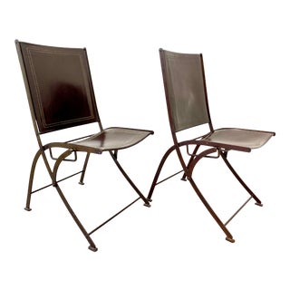 Modern Leather and Steele Folding Chairs- A Pair For Sale