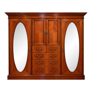 Antique English Edwardian Inlaid Mahogany Triple With Oval Mirrors Armoire For Sale