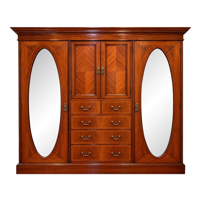 Antique English Edwardian Inlaid Mahogany Triple With Oval Mirrors Armoire For Sale