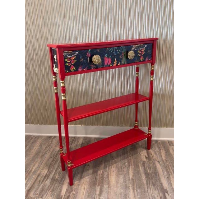 Solid Wood Console Table, Narrow Hallway Furniture, Red and Gold Palm Beach Tropical Decor For Sale - Image 9 of 11