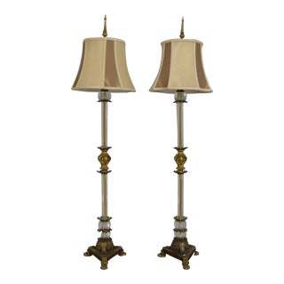 Pair Regency Style Metal Base Glass Column Buffet Table Lamps For Sale